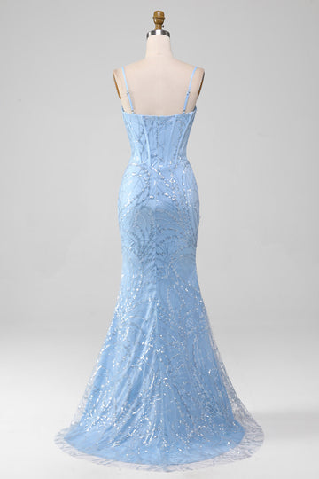 Light Blue Mermaid Sparkly Sequin Long Corset Ball Dress
